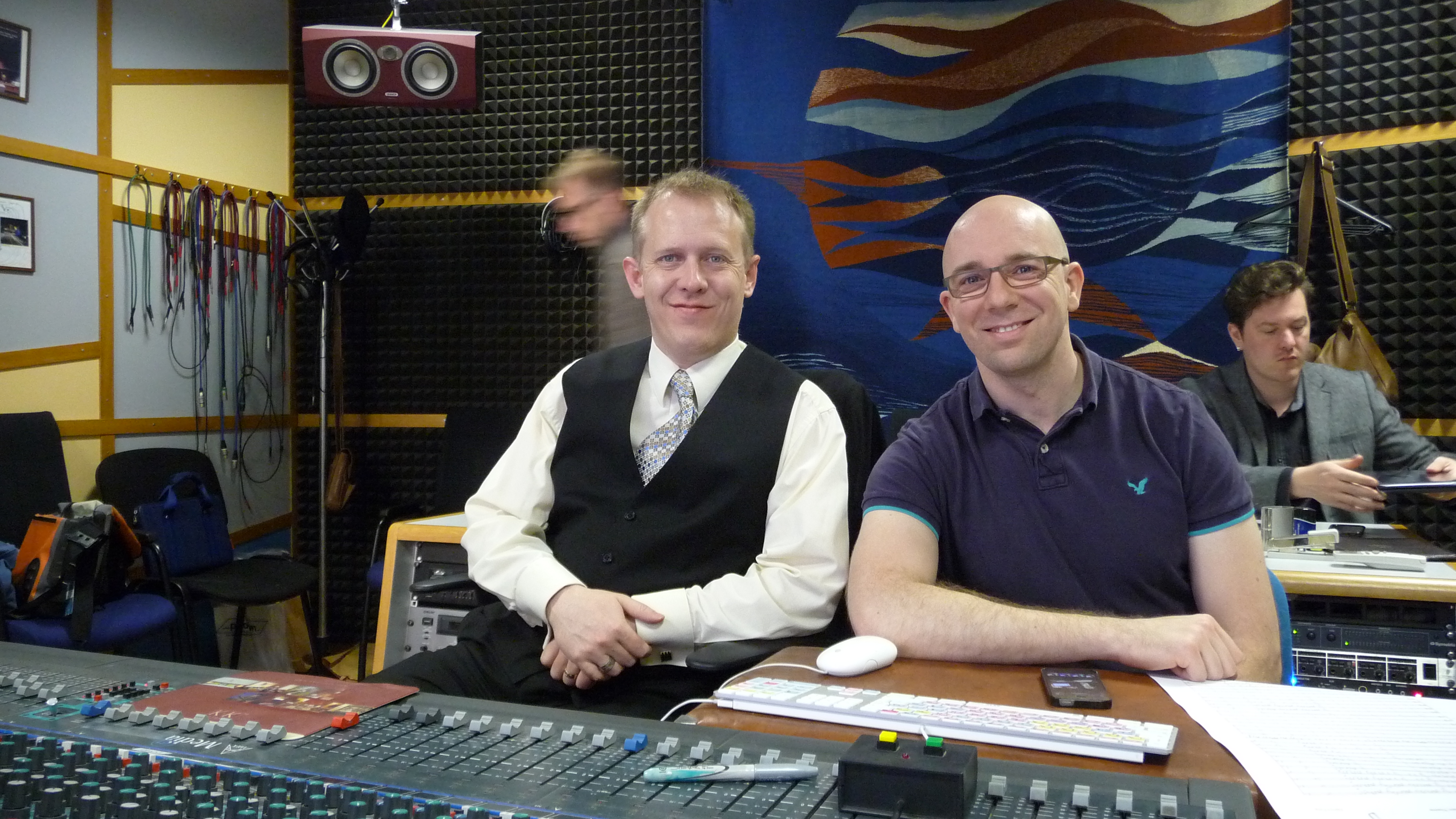 Michael Nunan at an orchestral scoring session on an Amek console with Josh Tidsbury and Adrian Eillis